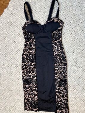 Nasty Gal Black Lace Overlay Midi Dress with Nude Lining